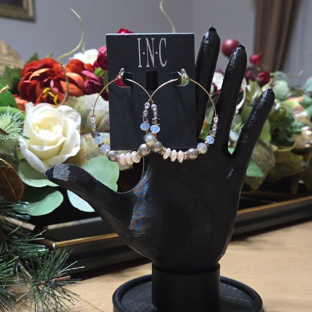 INC International Concepts Pearl and Crystal Hoop Earrings